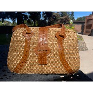 NWT Helen Kaminski Brown Leather Straps Brown Woven Handbag Zipper Top